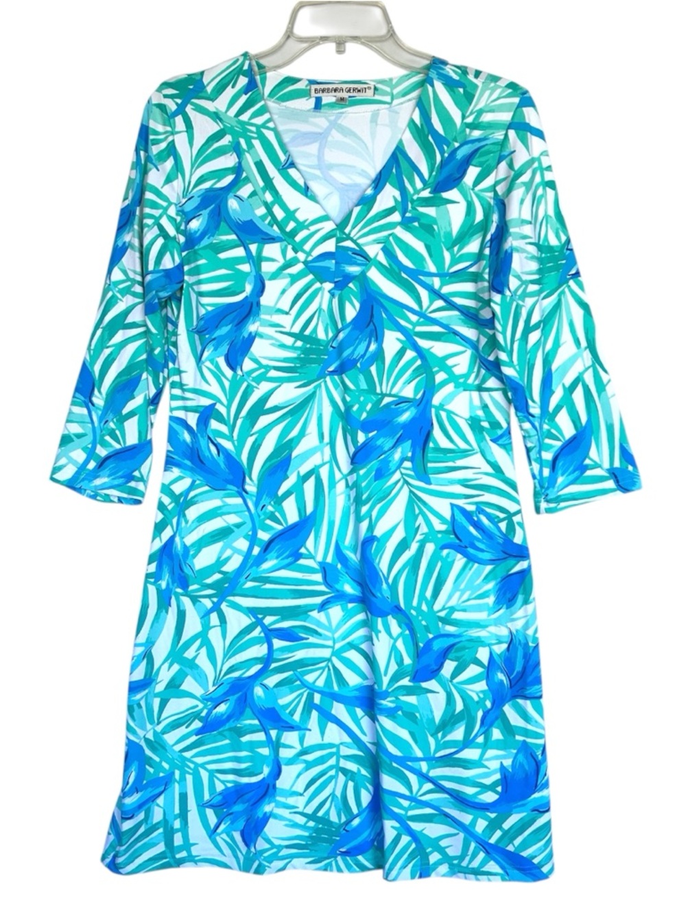 Barbara Gerwit Tropical Print Dress Blue Green Palm Resort Medium Womens